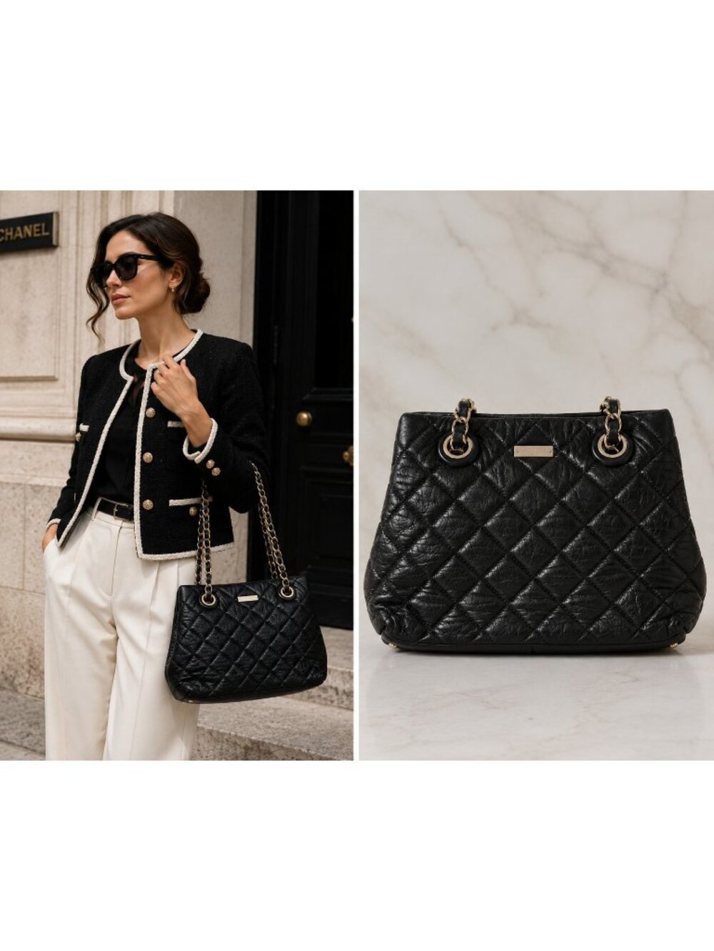 Kate Spade New York Black Quilted Leather Chain Shoulder Tote Bag Gold Tone